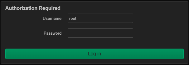 Страница входа OpenWrt: Username root, Password пустой, кнопка Log in