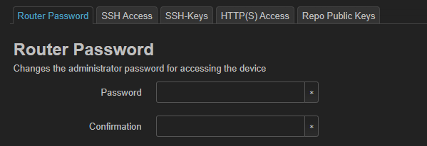 System → Administration, вкладка Router Password: поля Password и Confirmation